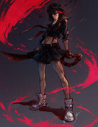 women, angry, hair in face, open mouth, face, anime, Kill la Kill, Matoi  Ryuuko, red background, anime girls, closeup