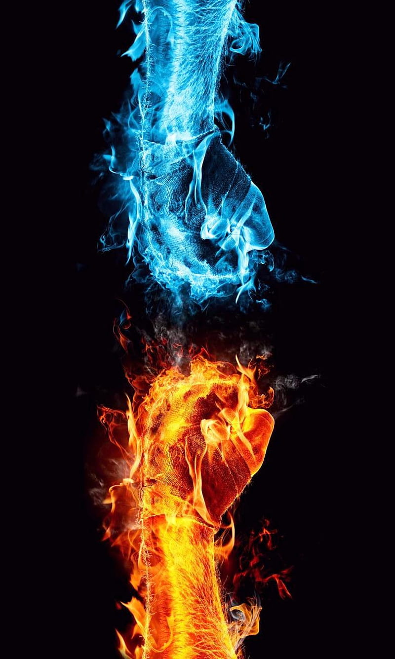 Fist In The Dark, blue, color, fire, ice, orange, HD phone wallpaper