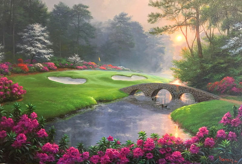 Dreams of Green, sun, sunset, trees, artwork, bridge, golf, painting, flowers, river, HD wallpaper