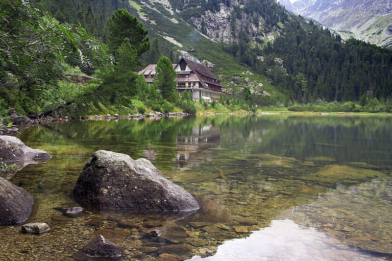 Chalet next to Lake, Mountains, Lakes, Chalets, Rocks, Reflections, Nature, HD wallpaper