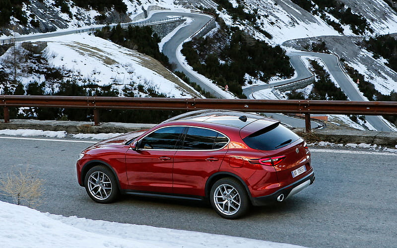 Alfa Romeo Stelvio, 2017, winter, snow, mountain serpentine, red Stelvio, Alfa Romeo, HD wallpaper