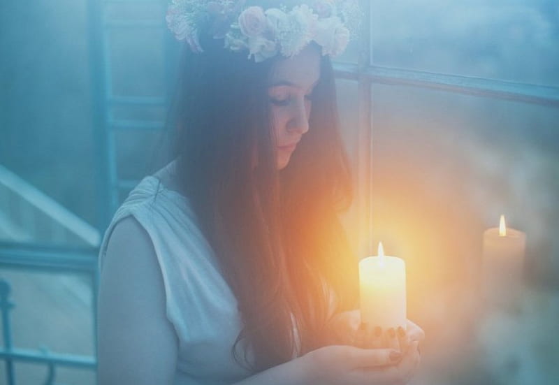 Let There Be Light, flower crown, candle, window, flowers, reflection, women, HD wallpaper