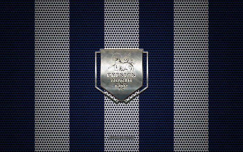 Preston North End FC logo, English football club, metal emblem, blue and white metal mesh background, Preston North End FC, EFL Championship, Preston, Lancashire, England, football, HD wallpaper