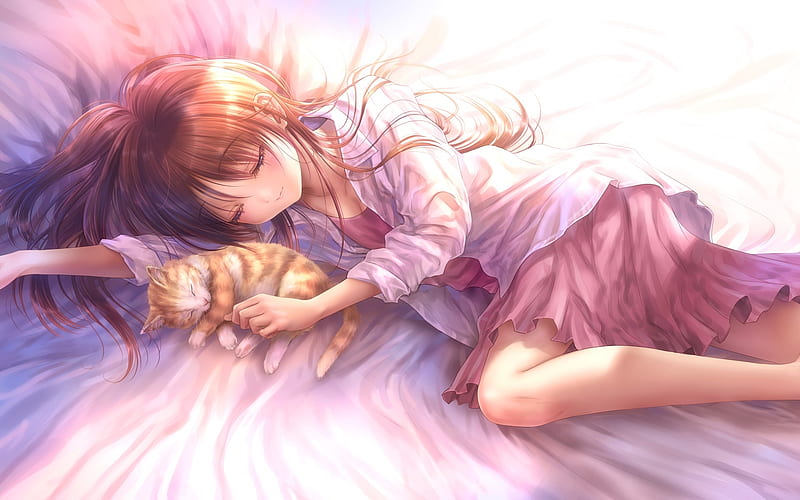 Sleeping, sleep, girl, anime, manga, pink, cat, HD wallpaper