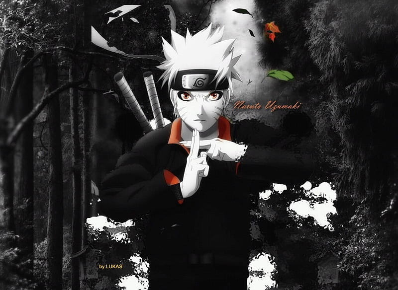 Naruto Uzumaki, shinobi, naruto, uzumaki naruto, orange eyes, trees, monochrome, naruto shippuden, weapons, spiky hair, anime, headband, HD wallpaper