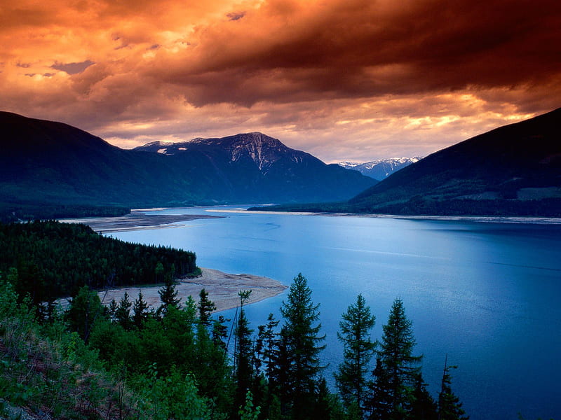 Upper Arrow Lake, hot, nature, sunset, lake, scene, HD wallpaper