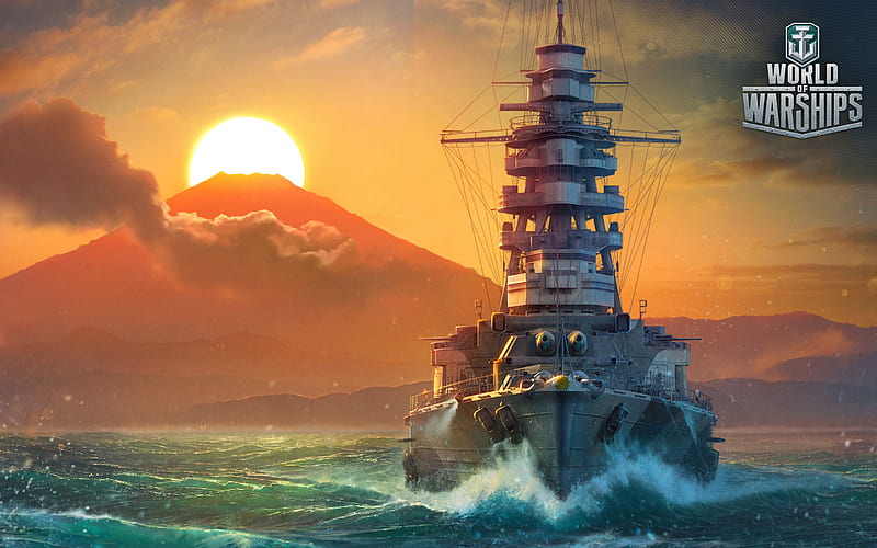 Japanese battleship Mutsu, Nagato-class, WoWS, Imperial Japanese Navy, IJN, artwork, World of Warships, Mutsu, HD wallpaper