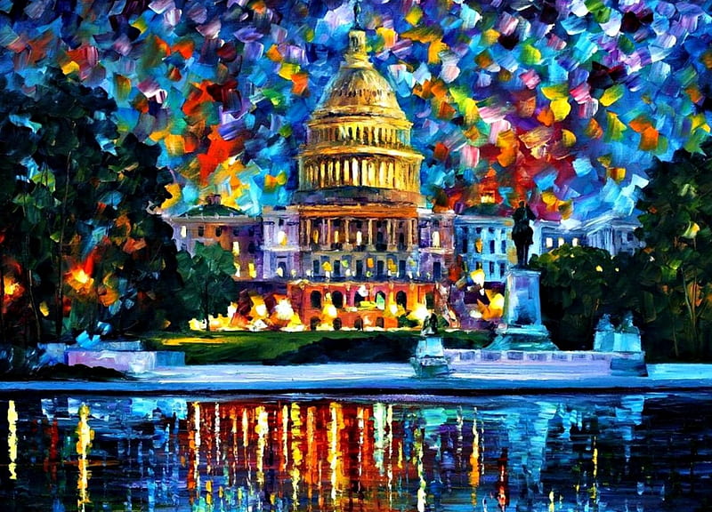 Capitol at night ~ Washington, red, colorful, art, luminos, washington, yellow, water, usa, texture, painting, reflection, capitol at night, leonid afremov, pictura, blue, HD wallpaper