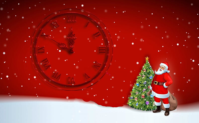 Christmas time, red, craciun, christmas, time, clock, santa claus, old man, tree, green, white, HD wallpaper