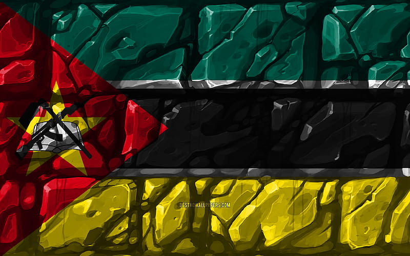 Mozambican flag, brickwall African countries, national symbols, Flag of Mozambique, creative, Mozambique, Africa, Mozambique 3D flag, HD wallpaper