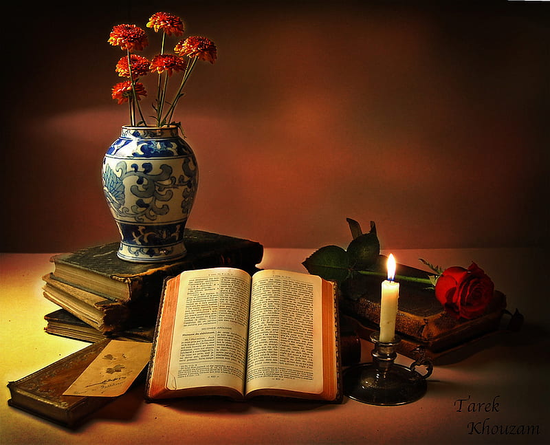 Prayer & Candle, candle, still life, book, vase, prayer, HD wallpaper