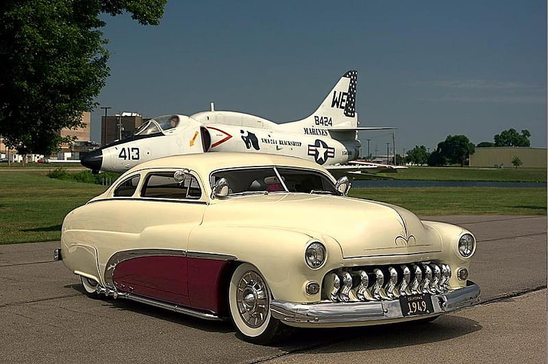 1949 Mercury Custom Low Rider, plane, fighter, car, military, custom, low rider, HD wallpaper