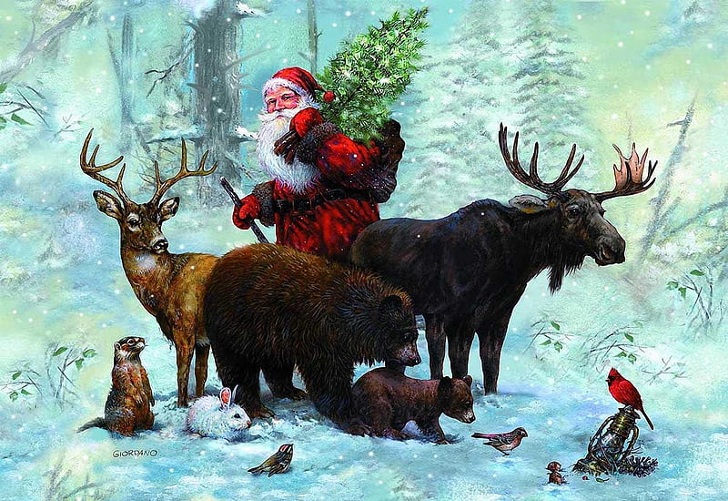 Santa's Team, deer, santa, christmas, painting, birds, bears, artwork, HD wallpaper