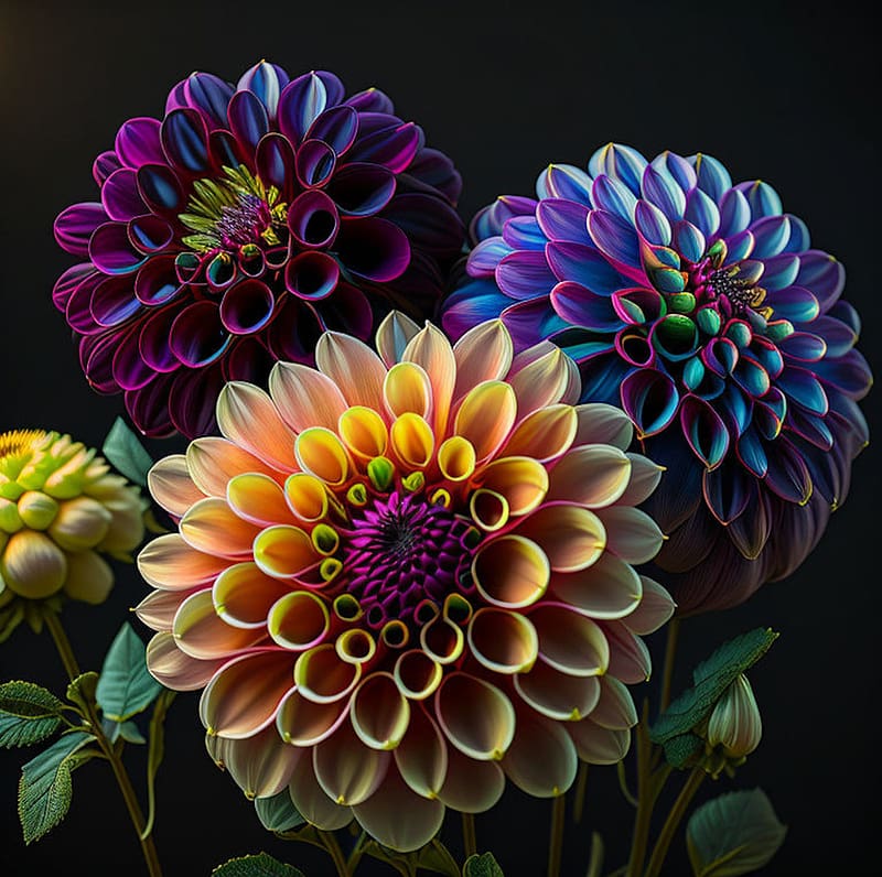 Colorful Dahlias, black, color, dahlias, , large, AI, macro, beauty, background, flowers, HD wallpaper