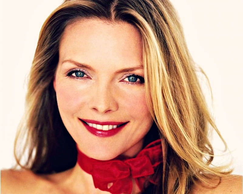Michelle Pfeiffer, red, girl, actress, blonde, smile, white, woman, HD wallpaper