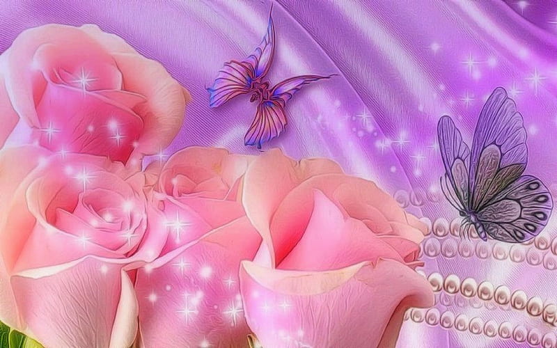 ✰Scent of Roses✰, scents, softness beauty, bonito, digital art, fragrance, seasons, sweet, flowers, pearls, pink, vector arts, animals, lovely, necklace, colors, love four seasons, creative pre-made, butterflies, spring, roses, cool, purple, butter designs, beloved valentines, HD wallpaper
