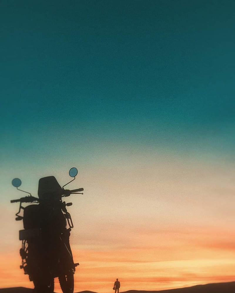 Himalayan Bike, blue sky, man behind, sunset, HD phone wallpaper