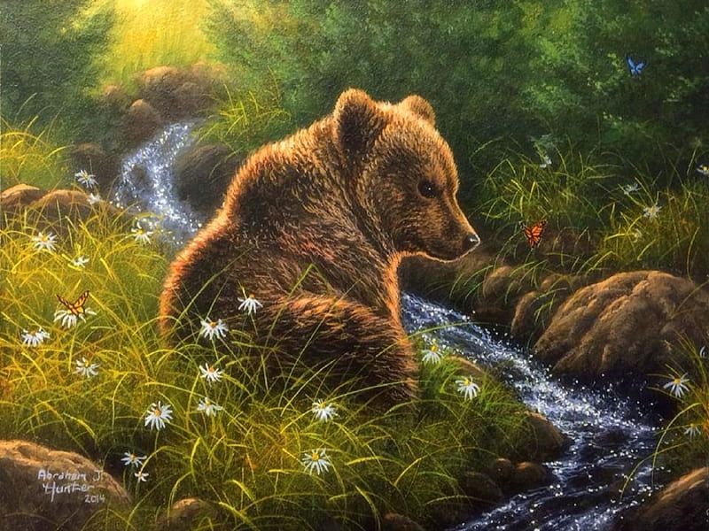 Cubs Glance, lovely, glance, love four seasons, bonito, butterflies, spring, trees, cute, paintings, flowers, nature, cubs, bears, streams, animals, HD wallpaper