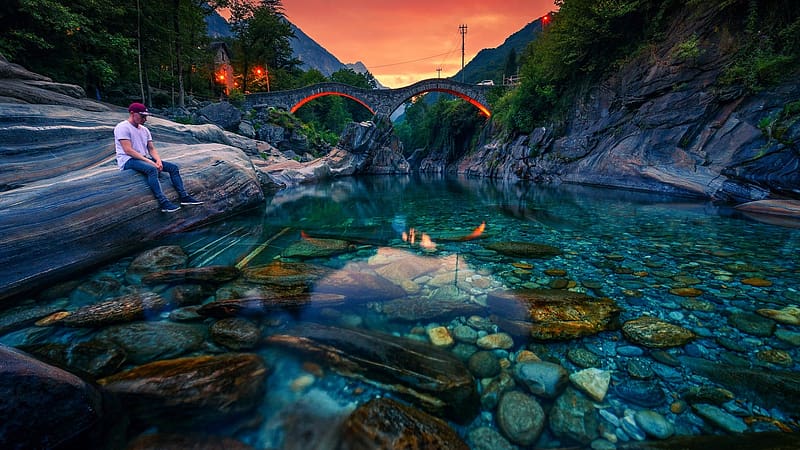 Sunset in Verzasca, Ticino, Switzerland, river, bridge, colors, sky, mountains, alps, rocks, water, HD wallpaper