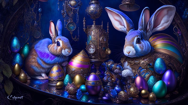  Conejitos de pascua, pascua, conejo, huevo, azul, negro, por cehenot, arte, cehenot, Fondo de pantalla HD
