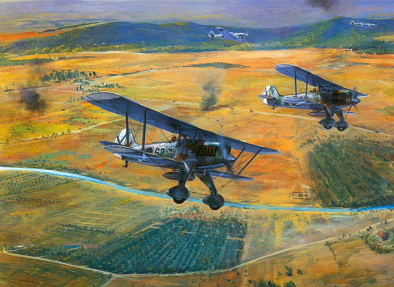 Heinkel HE-51, art, heinkel, airplane, plane, antique, he-51, drawing, painting, biplane, classic, vintage, he51, HD wallpaper
