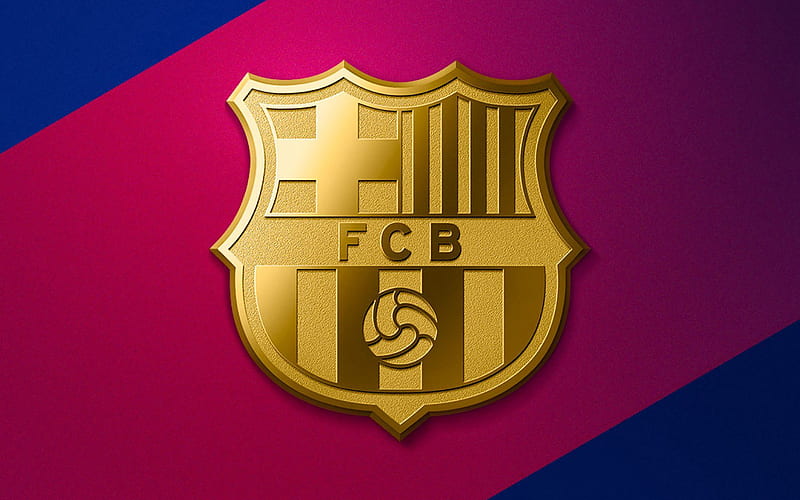 Barcelona FC, golden logo, Catalan football club, blue-violet background, emblem, La Liga, Catalonia, Spain, Barca, football, HD wallpaper