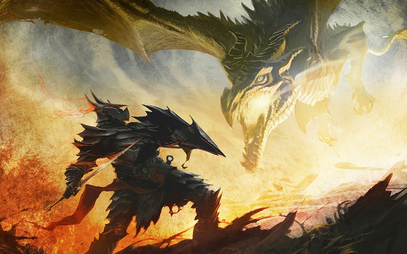 Dark Warrior with Dragon, game, skyrim, dragon, dark, HD wallpaper