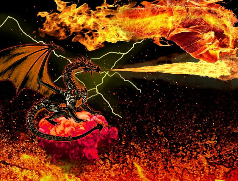dragon fiery madness, warm, lava, yellow, dragon, dragons, heat, fire, blaze, hot, HD wallpaper