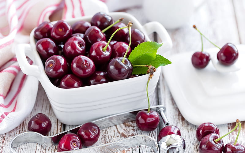 cherry, ripe berries, cherries in a white plate, fruit, wooden background, HD wallpaper