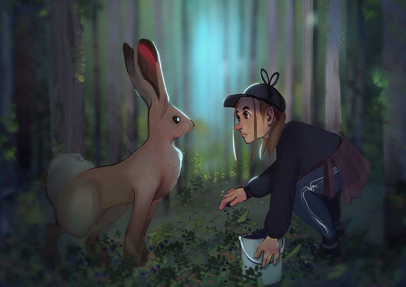 girl, hare, meeting, forest, art, HD wallpaper