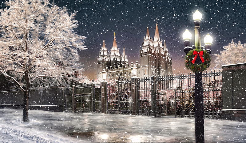 Winter Festive Castle, scenic, Castle, White winter, snow, festive, Icy, white, winter, Lamppost, HD wallpaper