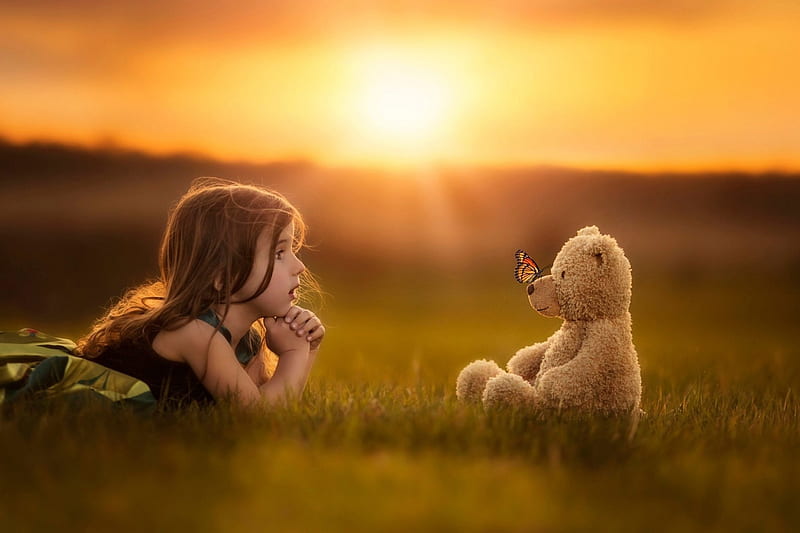 Sweet Friend, toy, sunset, girl, Teddy Bear, HD wallpaper
