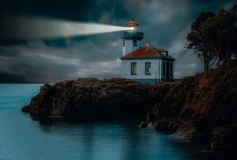 lighthouse, coast, glow, rocks, night, HD wallpaper