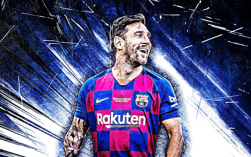 Lionel Messi, grunge art, 2020 Barcelona FC, FCB, argentinian footballers, football stars, La Liga, Messi, Leo Messi, LaLiga, Spain, blue abstract rays, Barca, soccer, Lionel Messi, HD wallpaper