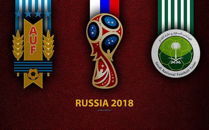 Uruguay vs Saudi Arabia football, logos, 2018 FIFA World Cup, Russia 2018, burgundy leather texture, logo Russia 2018, cup, Uruguay, Saudi Arabia, national teams, football match, HD wallpaper