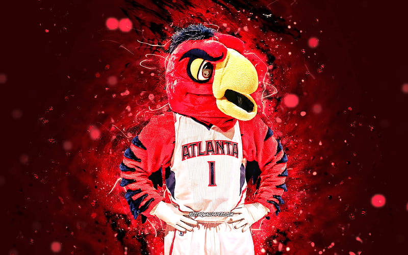 Harry the Hawk mascot, Atlanta Hawks, red neon lights, NBA, Atlanta Hawks mascot, NBA mascots, official mascot, Harry the Hawk mascot, HD wallpaper
