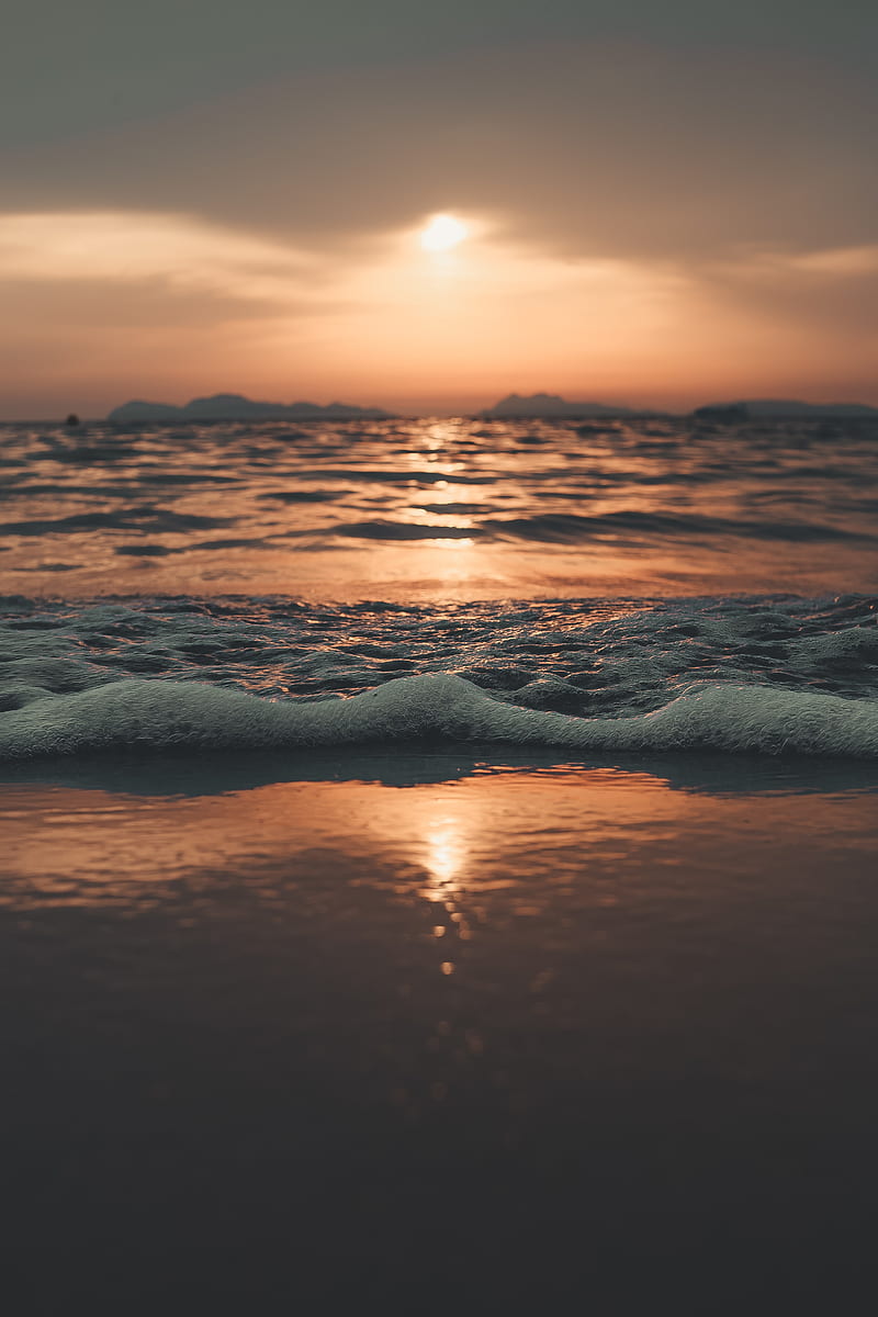 sea, sunset, beach, waves, water, HD phone wallpaper