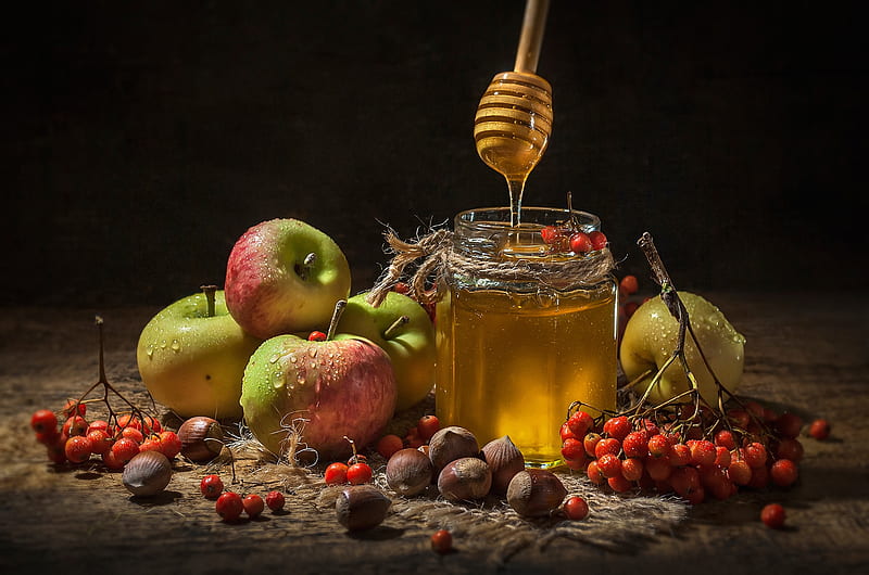 Food, Honey, Apple, Fruit, Nut, Rowan, Still Life, HD wallpaper