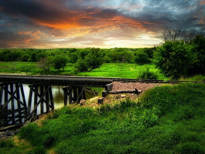 Rail Bridge, North Dakota, colors, sunset, trees, clouds, sky, landscape, HD wallpaper