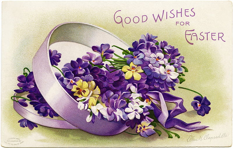 Happy Easter!, purple, ribbon, flower, spring, vintage, card, HD wallpaper