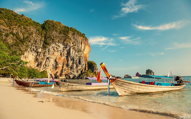 Thailand, sunset, ocean, beach, coast, tropical island, evening, boat, HD wallpaper