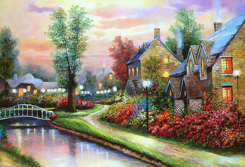 ★Sparkling Cottage★, architecture, cottages, gardening, digital art, seasons, xmas and new year, paintings, sunsets, creeks, flowers, evening, drawings, cabins, houses, bridges, love four seasons, creative pre-made, trees, winter, winter holidays, HD wallpaper