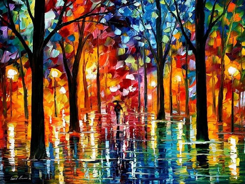 rain, art, orange, after rain, glitter, park, abstract, paintings, vibrant, leonid afremov, light, blue, HD wallpaper
