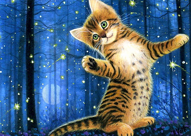 Stars in Baxter's Forest, moon, painting, cat, trees, kitten, artwork, night, HD wallpaper
