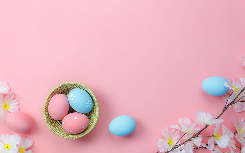 Happy Easter!, pink, blue, egg, flower, spring, easter, card, HD wallpaper
