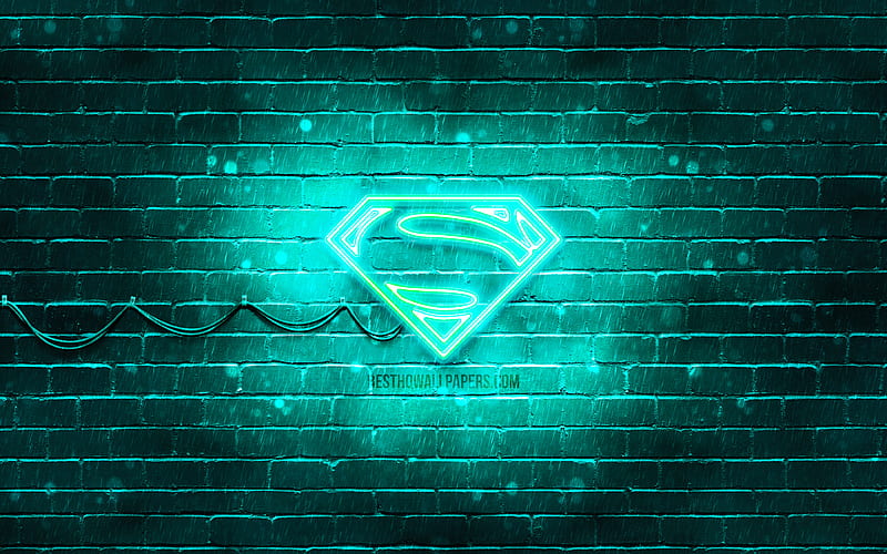 Superman turquoise logo turquoise brickwall, Superman logo, superheroes, Superman neon logo, Superman, HD wallpaper