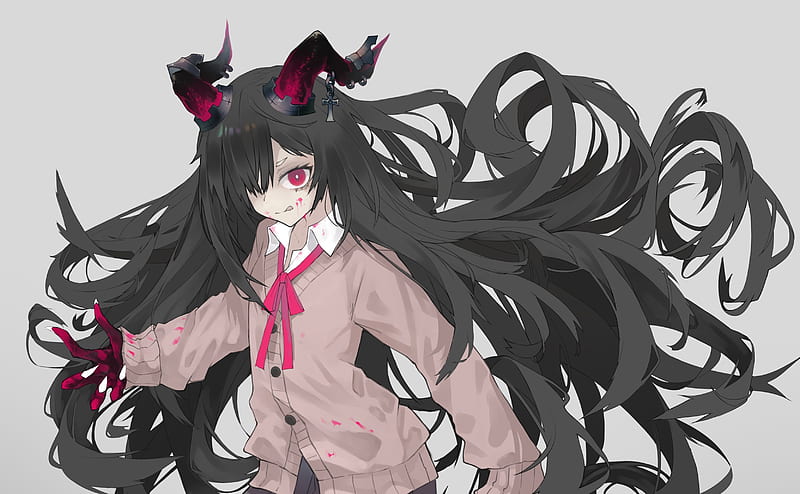 anime girl, messy hair, school uniform, sweater, red eye, transform, Anime, HD wallpaper