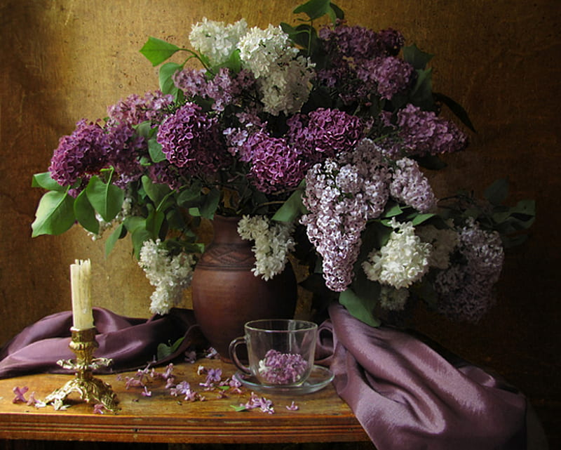 Still Life, lilac, pretty, vase, bonito, graphy, flowers, beauty, white lilac, white lilacs, candle, lovely, romantic, romance, colors, spring, lilacs, candles, cup, nature, petals, white, HD wallpaper