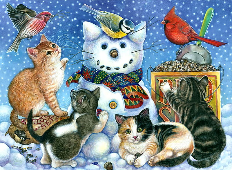 Snow Kittens F2, art, Cardinal, Chickadee, songbirds, snowcat, cat, artwork, animal, winter, House Finch, pet, feline, snow, painting, wide screen, HD wallpaper
