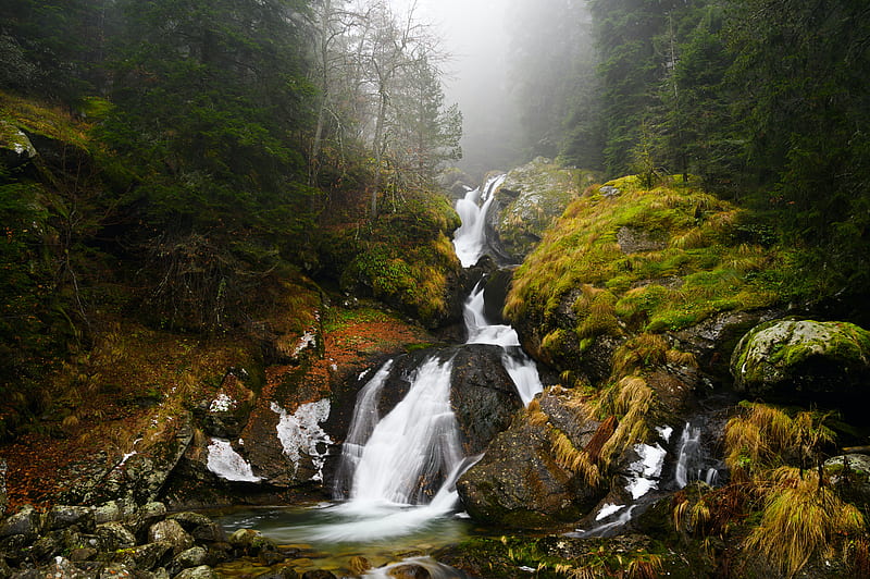 waterfall, river, fog, rocks, water, HD wallpaper